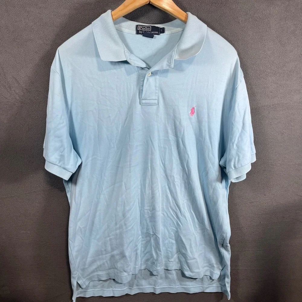 Polo Ralph Lauren Mens Light Blue Pink Pony Logo Cotton Polo Shirt Large